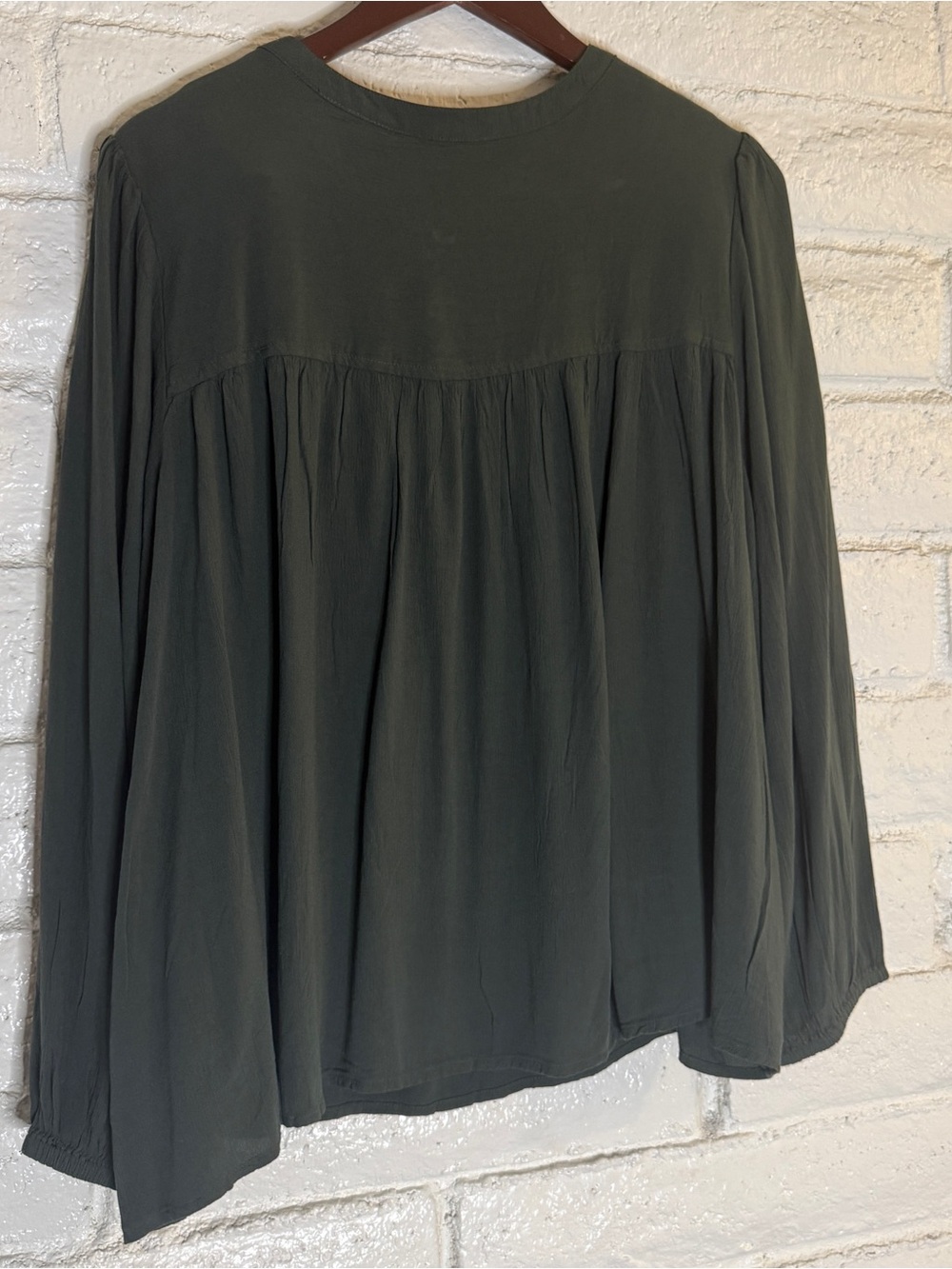 Pleated Button-Front Long Sleeve Blouse in Olive Green - Picture 4 of 5